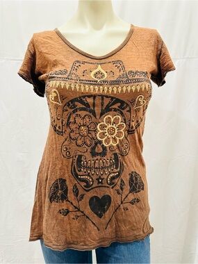 Velvet Stone Brown Embellished Day of the Dead Skull Tee